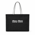 Miu Miu style woven straw logo tote - black with white handles, studio view