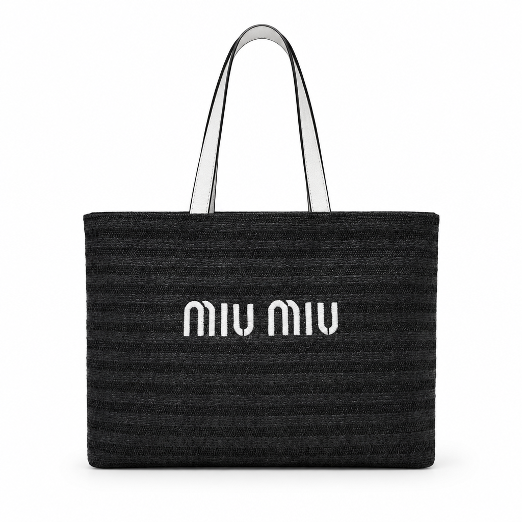 Miu Miu style woven straw logo tote - black with white handles, studio view