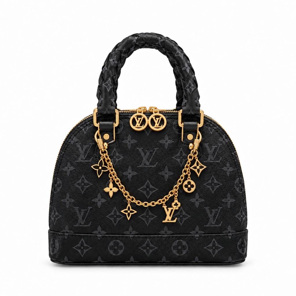 Louis Vuitton Style Monogram Charm-Chain Mini Dome Bag - all black, studio view