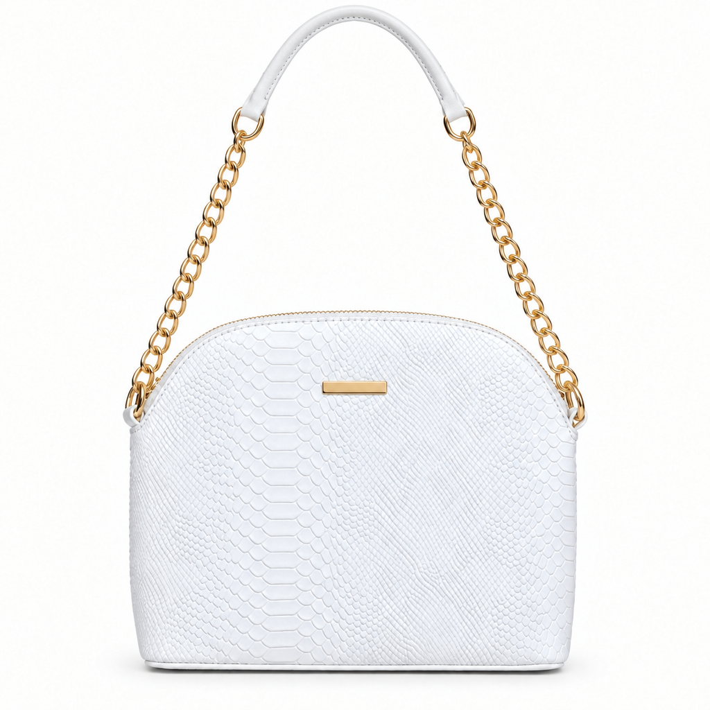 Snake embossed dome chain shoulder bag - white with leather handle, studio view