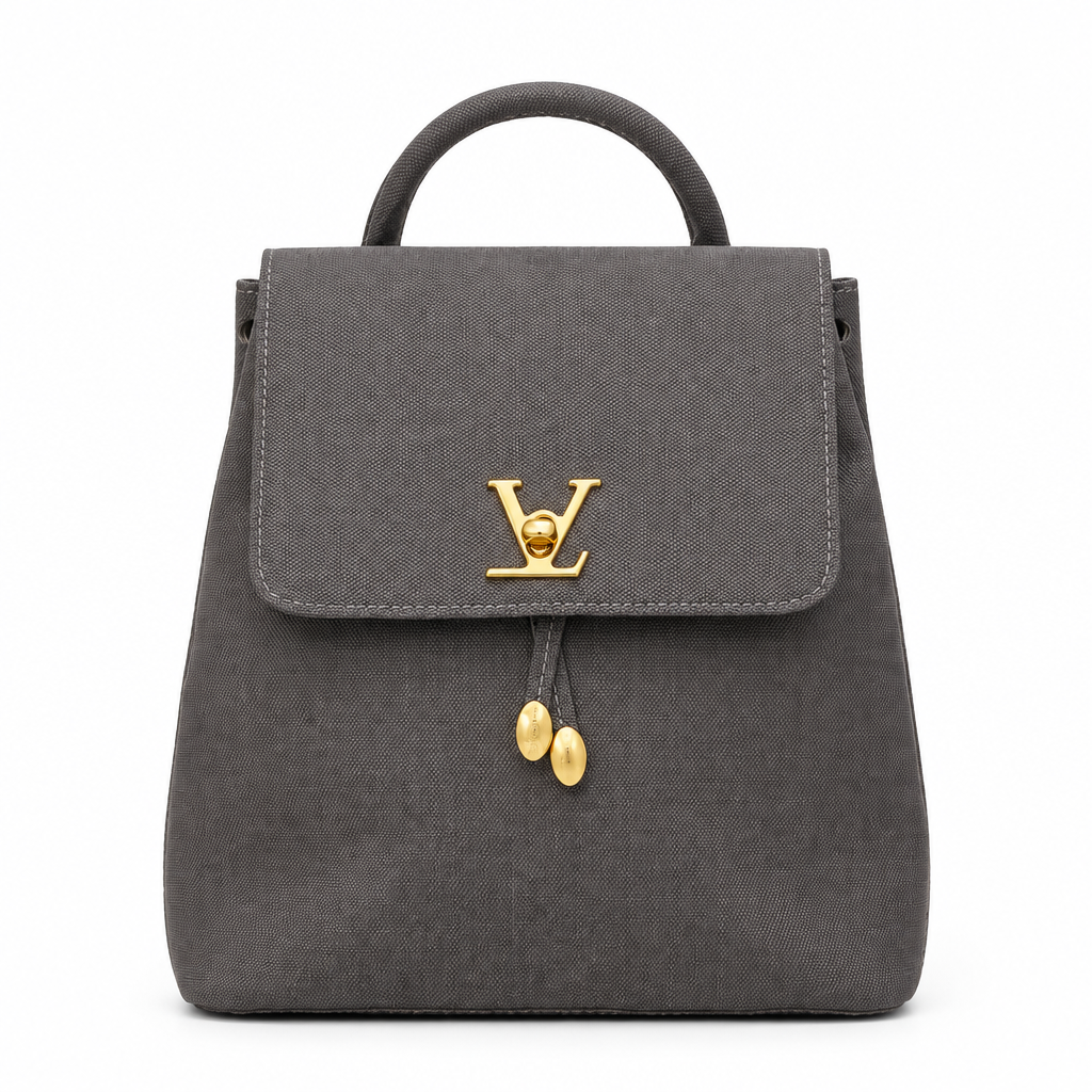 Designer style flap backpack - charcoal grey LV style, studio view