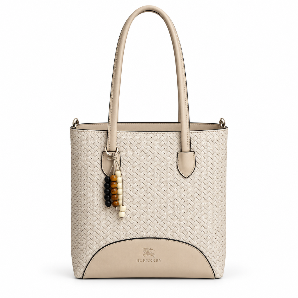 Burberry Style Woven Bead-Charm Shoulder Tote - cream beige, studio view