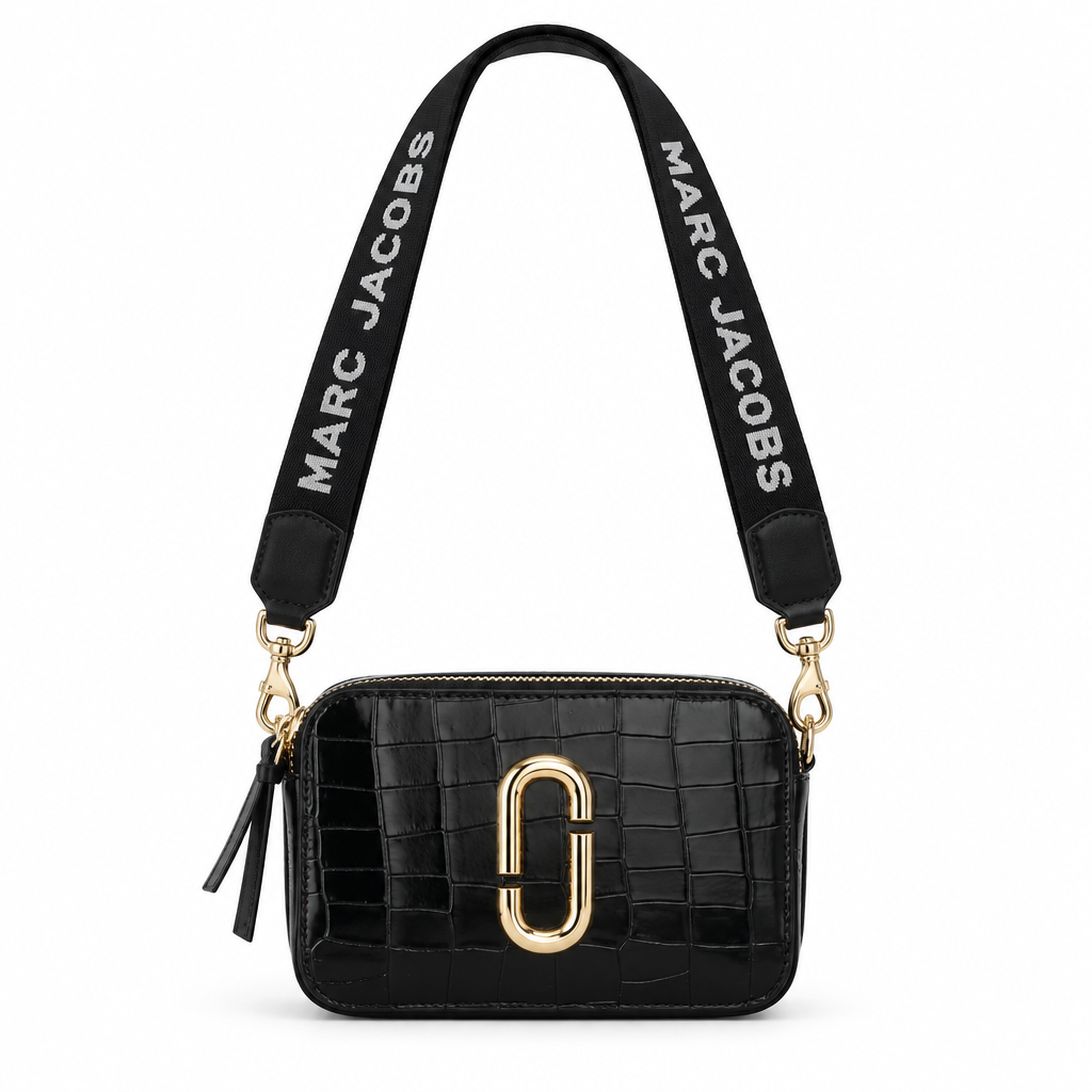 Marc Jacobs style croc camera bag with logo strap - black, studio view