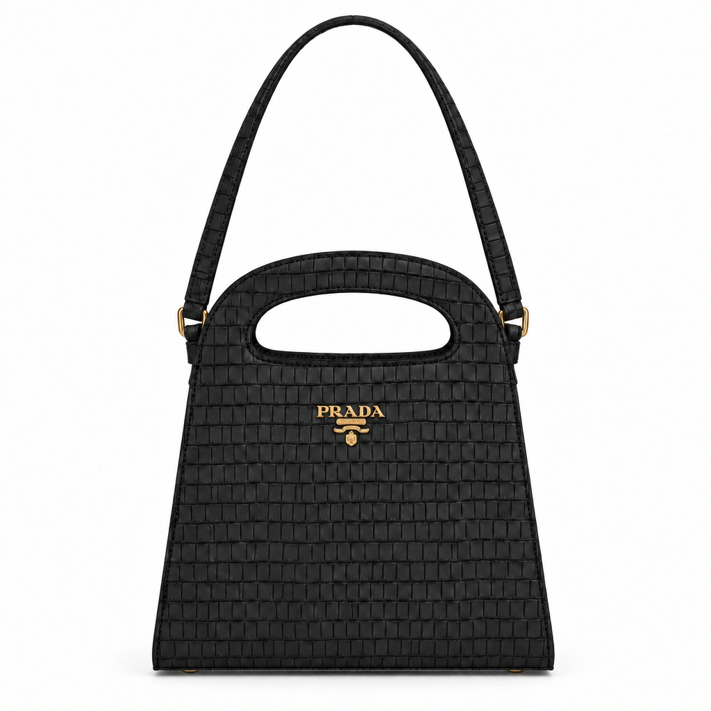 Prada style croc embossed cut-out handle bag with strap - black, studio view