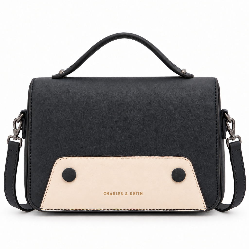 Charles and Keith style flap top handle crossbody bag - black, studio view