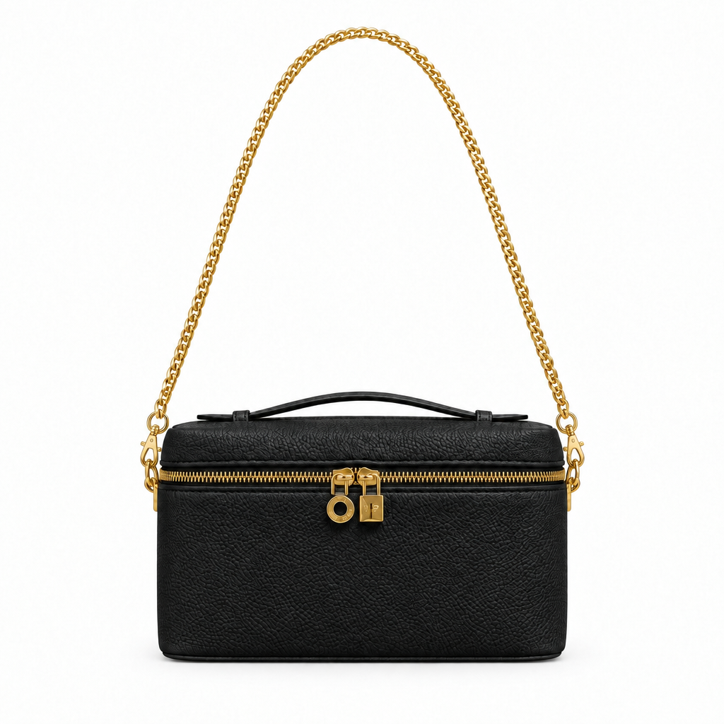 Pebbled leather vanity case bag with gold chain - black, studio view