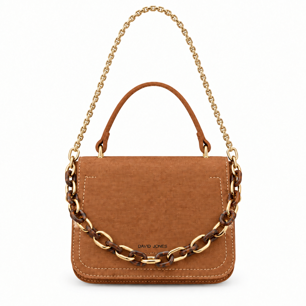 David Jones style mini flap bag with link chain - cognac, studio view