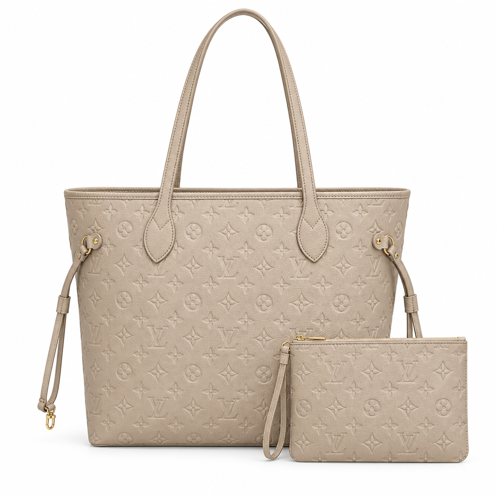 Louis Vuitton style embossed tote and pouch - beige, studio view