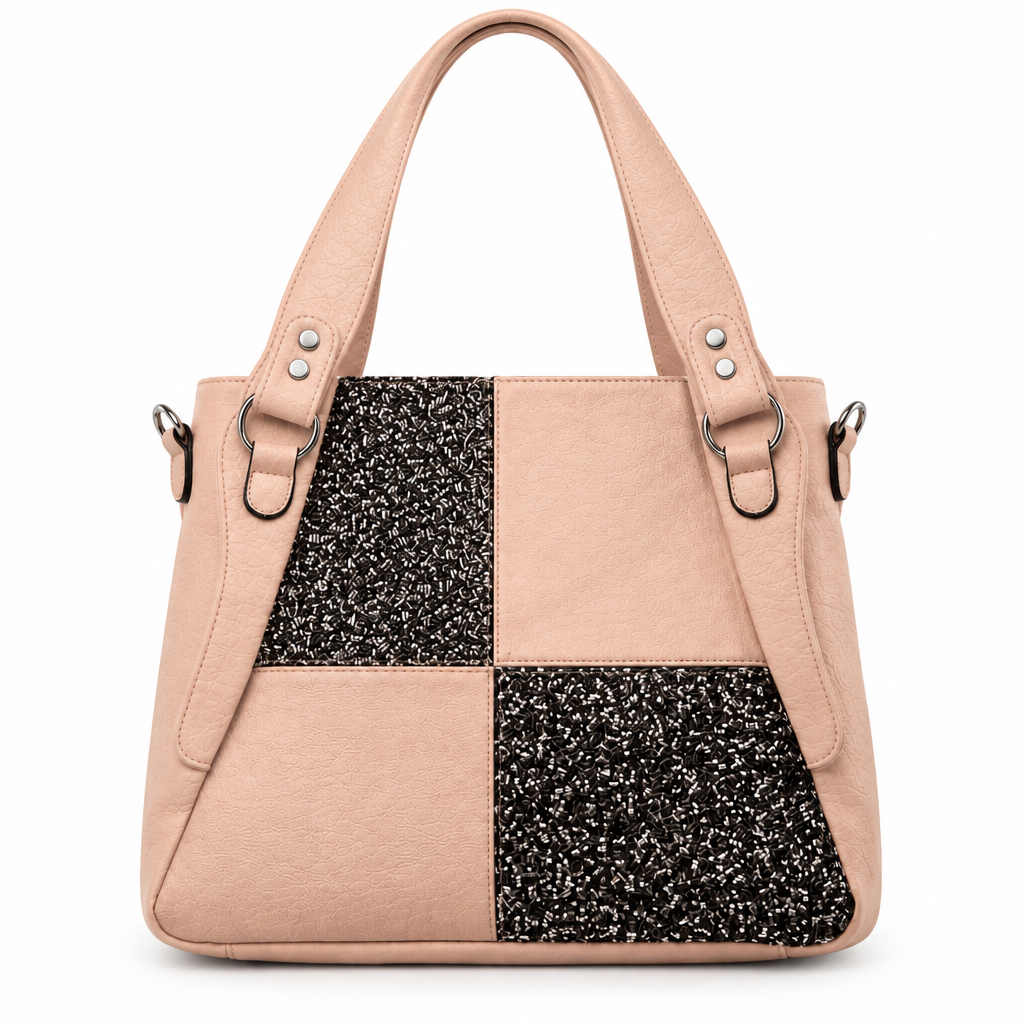 Beaded color block patchwork tote - blush pink, studio view