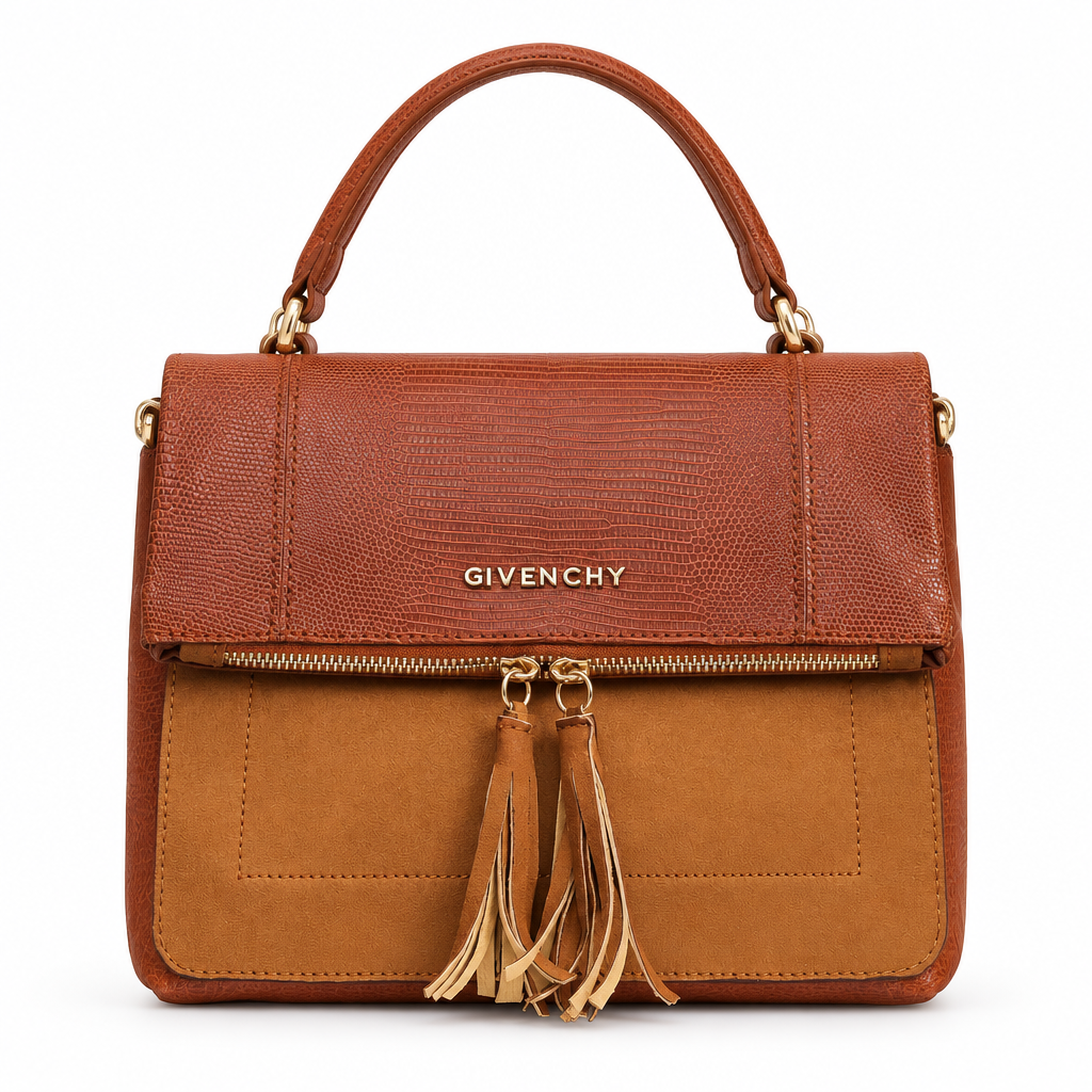 Givenchy style fold-over tassel bag - cognac, studio view