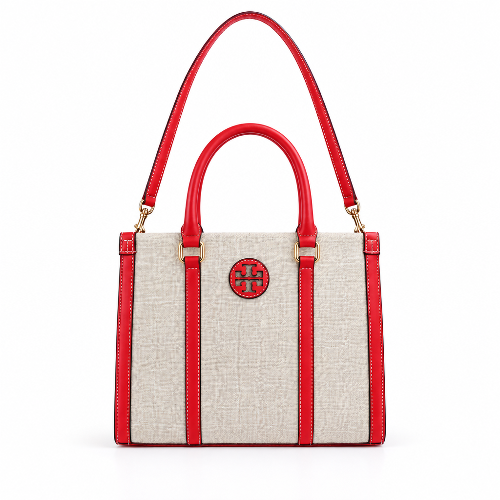 Tory Burch style canvas tote with Double-T logo - natural linen with red leather, studio view
