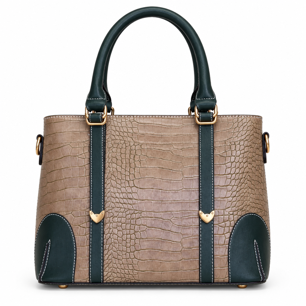Croc embossed leather top handle handbag - taupe and dark green, studio view