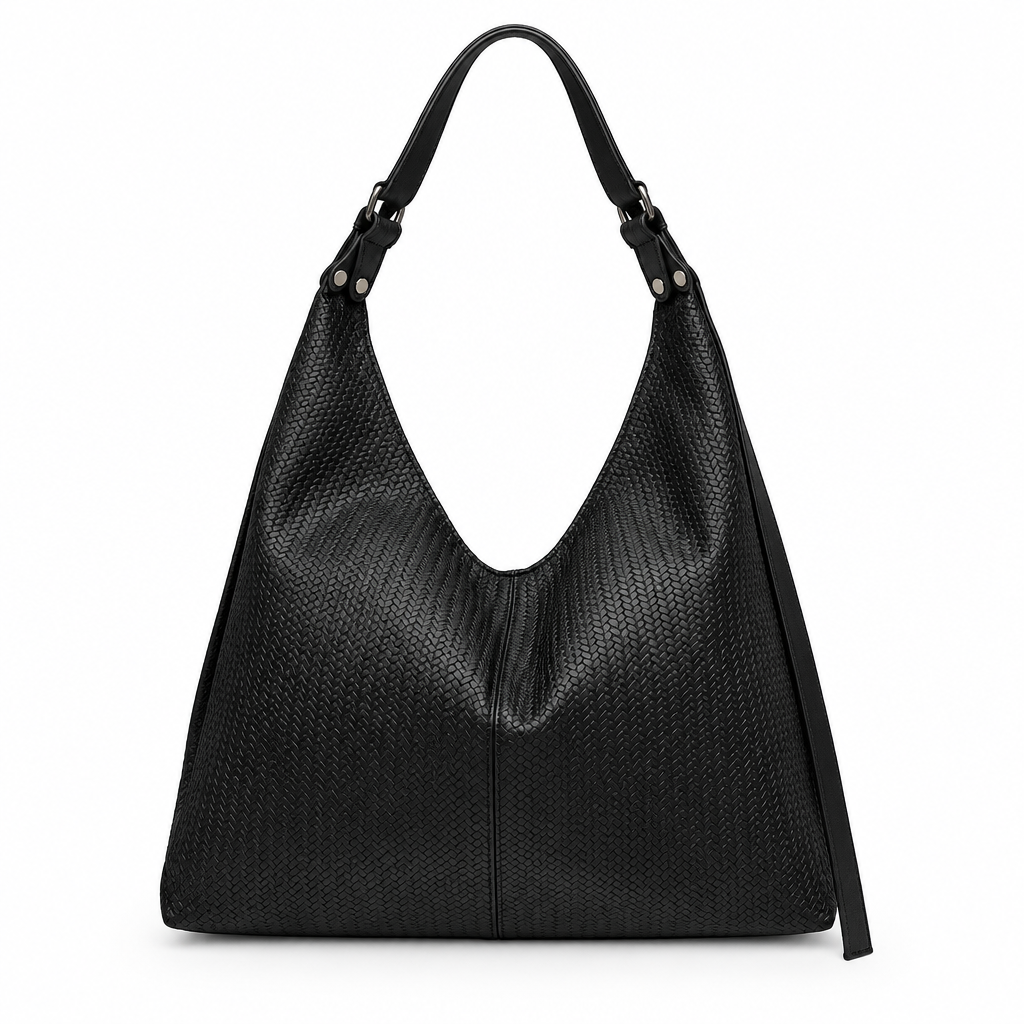 Woven Texture Adjustable-Strap Slouchy Hobo Bag - black, studio view