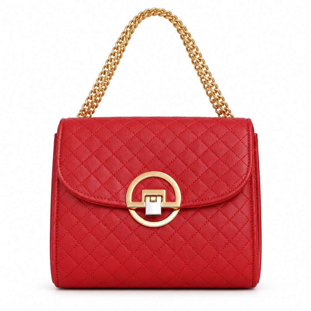 Quilted flap chain bag with gold ring lock - red, studio view