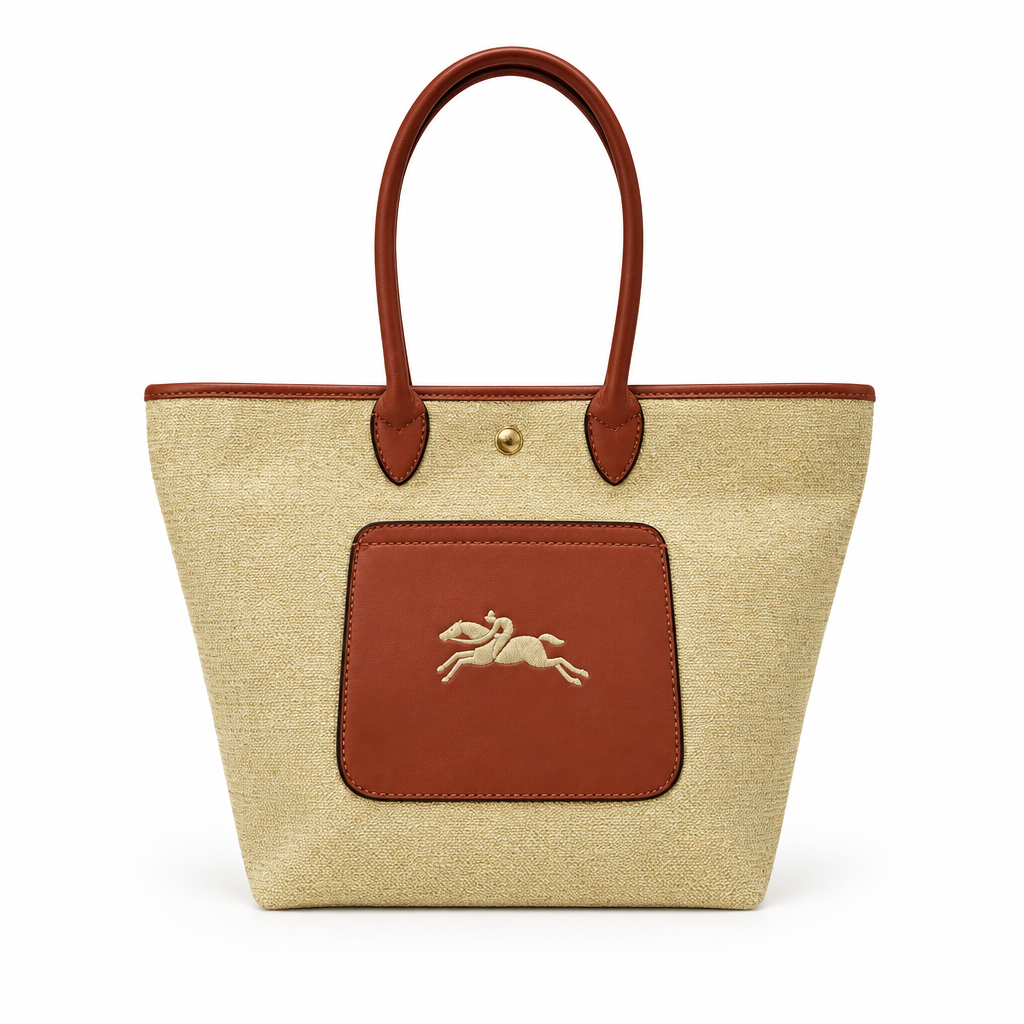 Longchamp style canvas tote with leather pocket - straw beige, studio view
