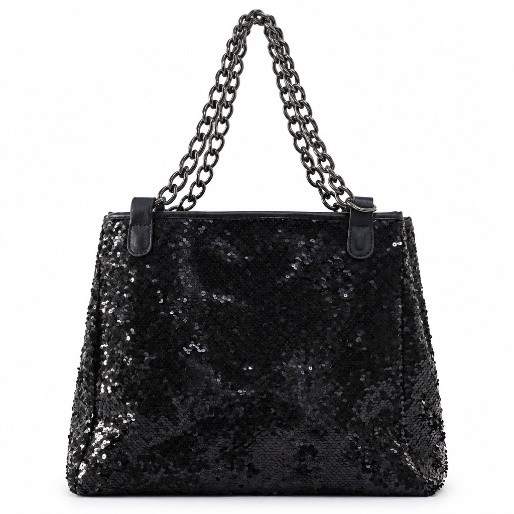 Sequin chain tote bag - all black, studio view