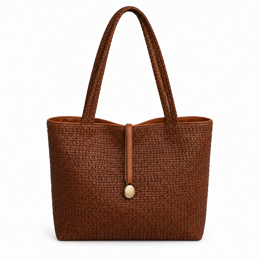 Woven Texture Gold-Charm Shoulder Tote - cognac, studio view