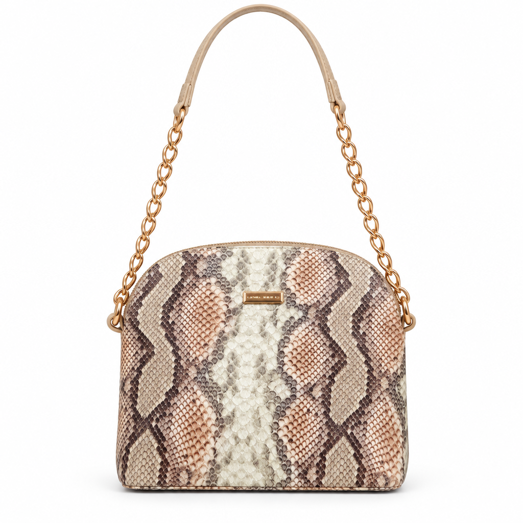 Snake print dome chain shoulder bag - beige python, studio view
