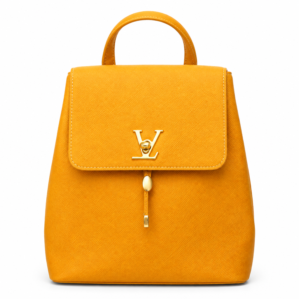 Designer style flap backpack - mustard LV style, studio view