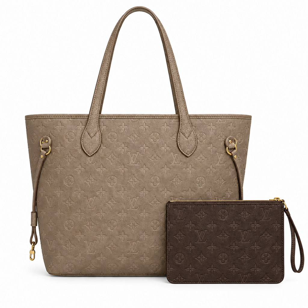 Louis Vuitton style embossed tote - taupe with dark brown pouch, studio view