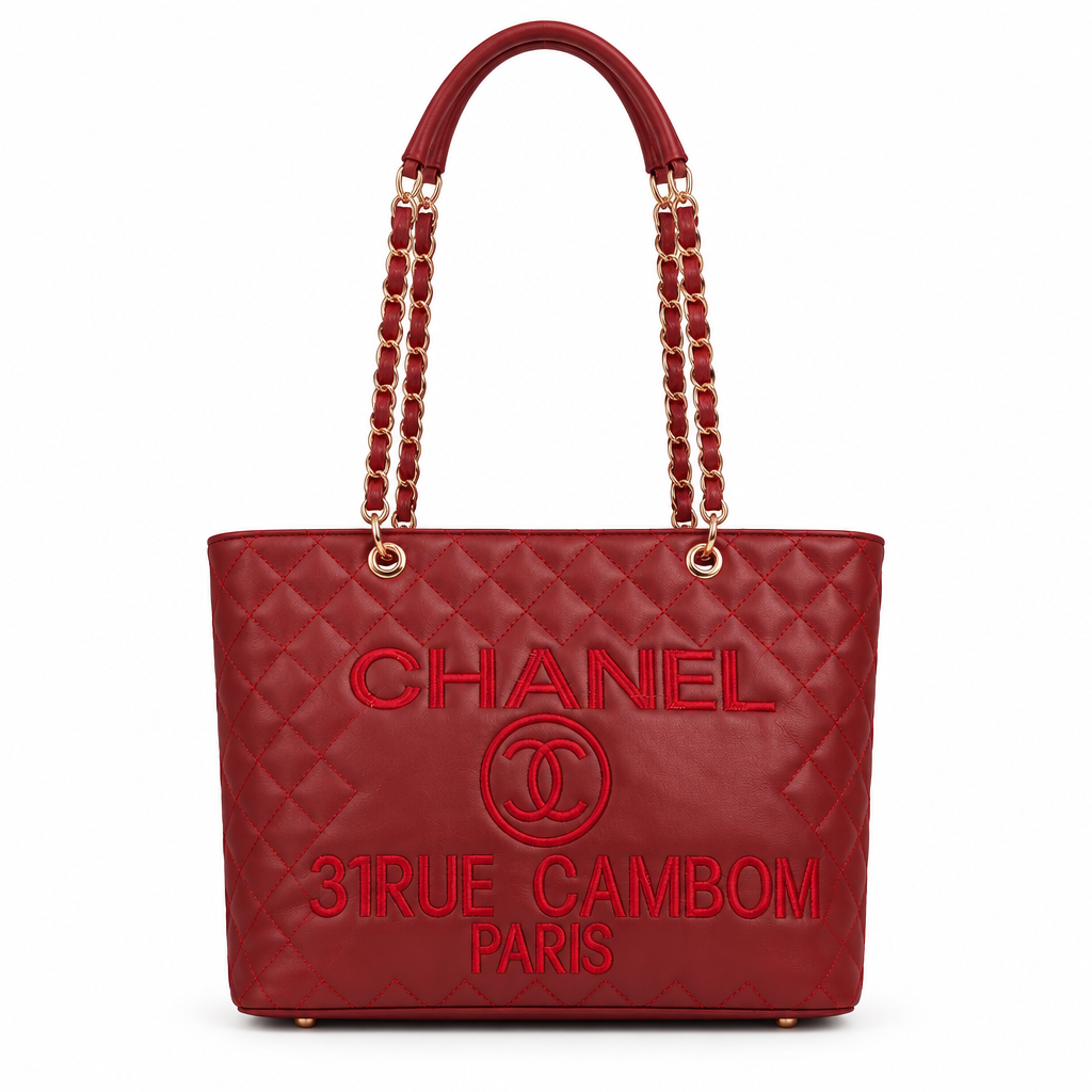 Chanel style quilted chain shopping tote - red, studio view