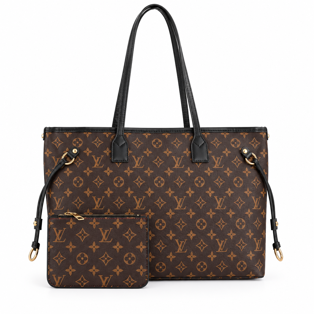 Louis Vuitton style Neverfull monogram tote with pouch - brown, studio view