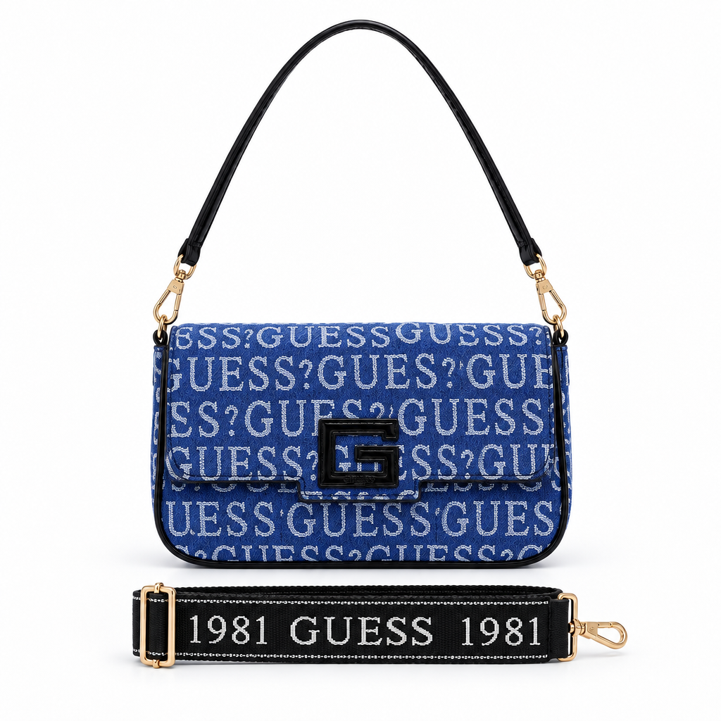 Guess style denim logo baguette bag - royal blue, studio view