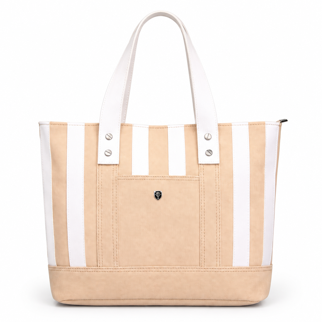Striped canvas tote bag with front pocket - sand and white, studio view
