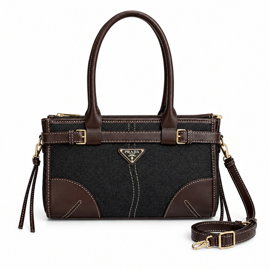 Prada Style Contrast-Trim Twin-Buckle Mini Tote - charcoal, studio view