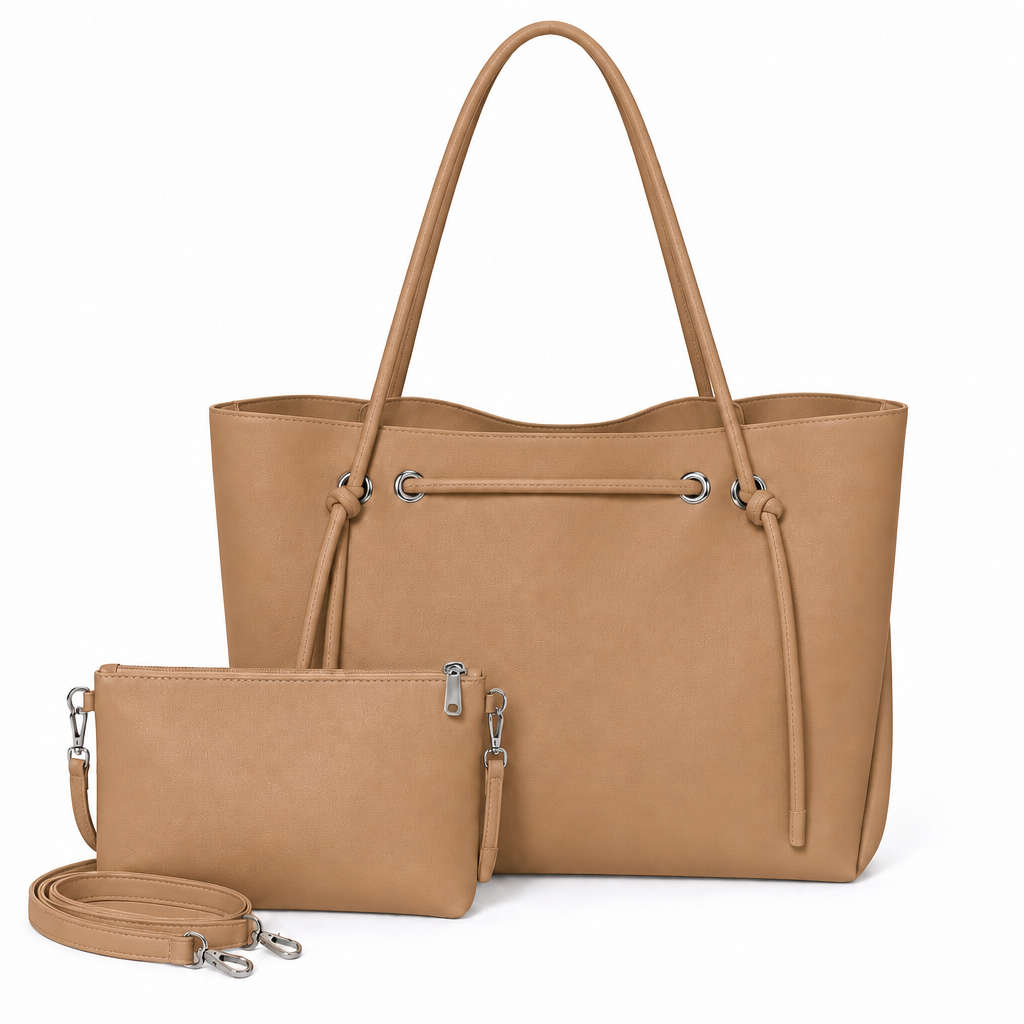 Knotted Cord Shoulder Tote & Matching Pouch Set - tan, studio view