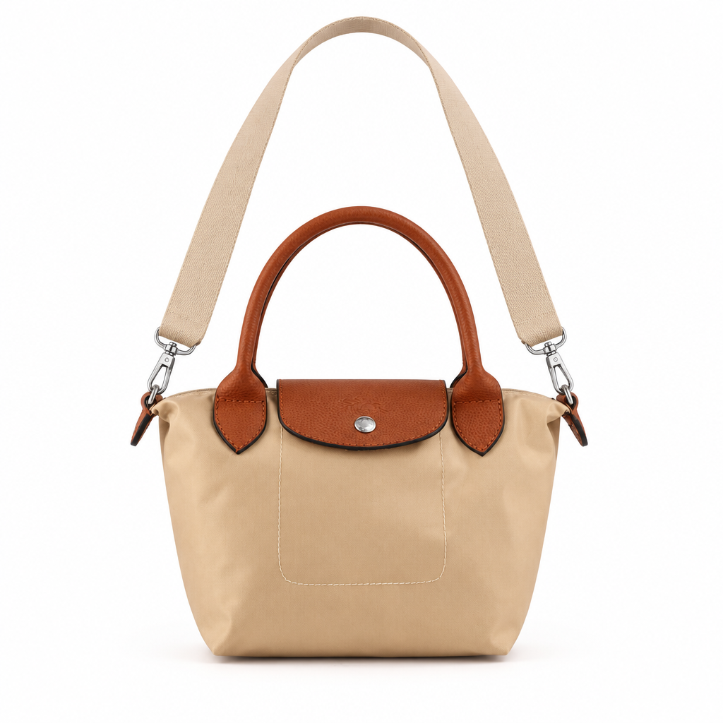 Longchamp style Le Pliage mini handbag with crossbody strap - beige, studio view