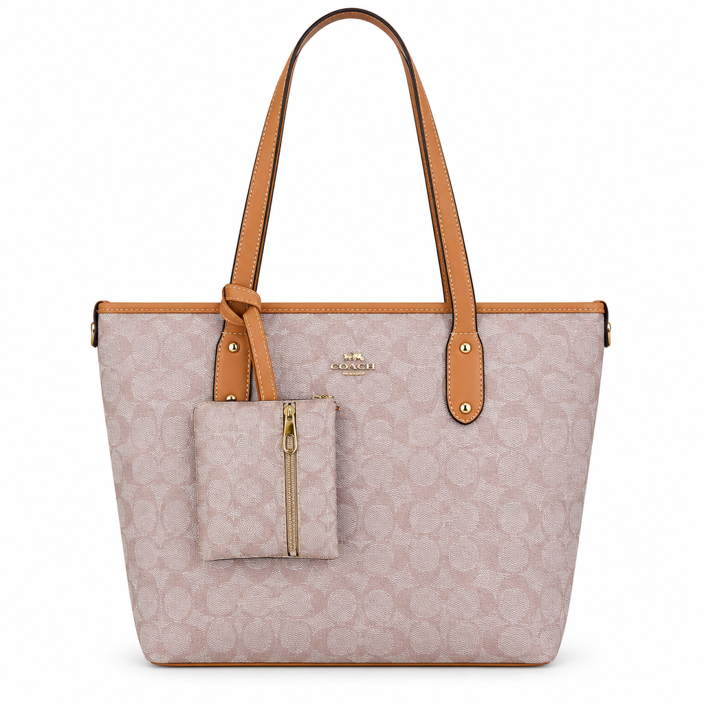 Coach Style Signature Shoulder Tote & Pouch Set - blush-taupe with tan trim, studio view