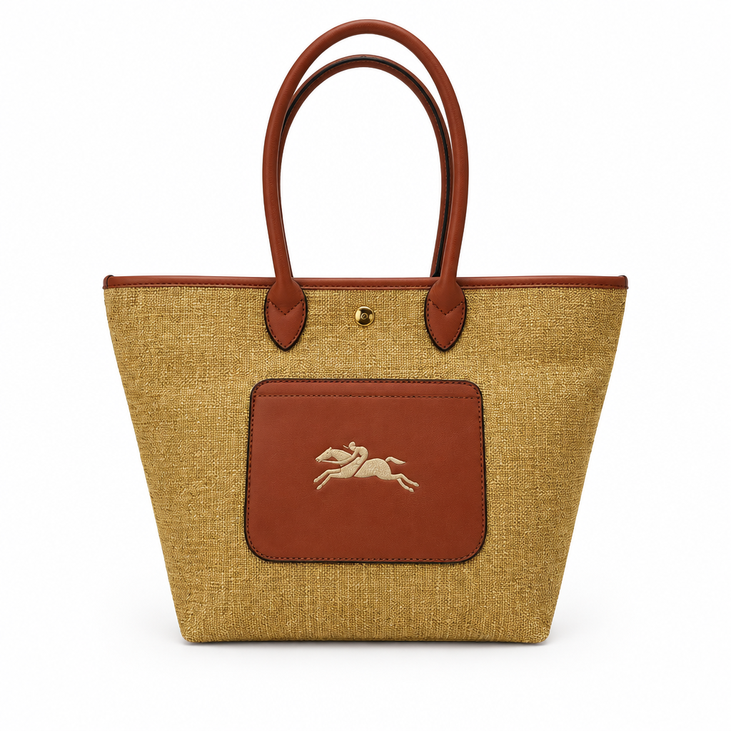 Longchamp style canvas tote with leather pocket - golden tan, studio view