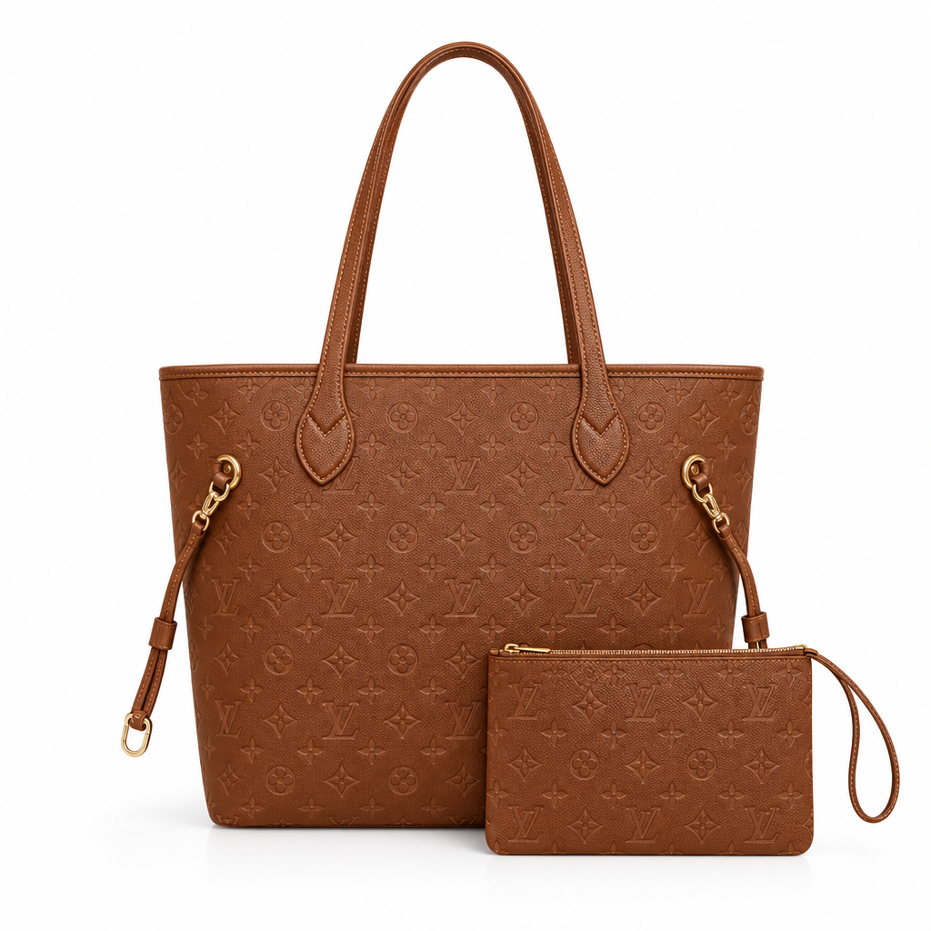 Louis Vuitton style embossed tote and pouch - cognac, studio view