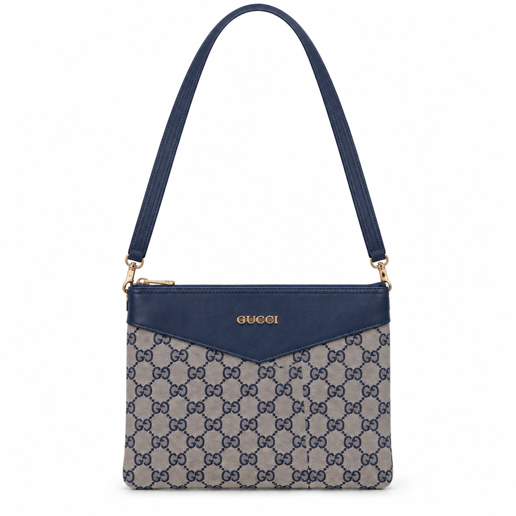 Gucci style GG canvas crossbody pouch - grey with navy, studio view