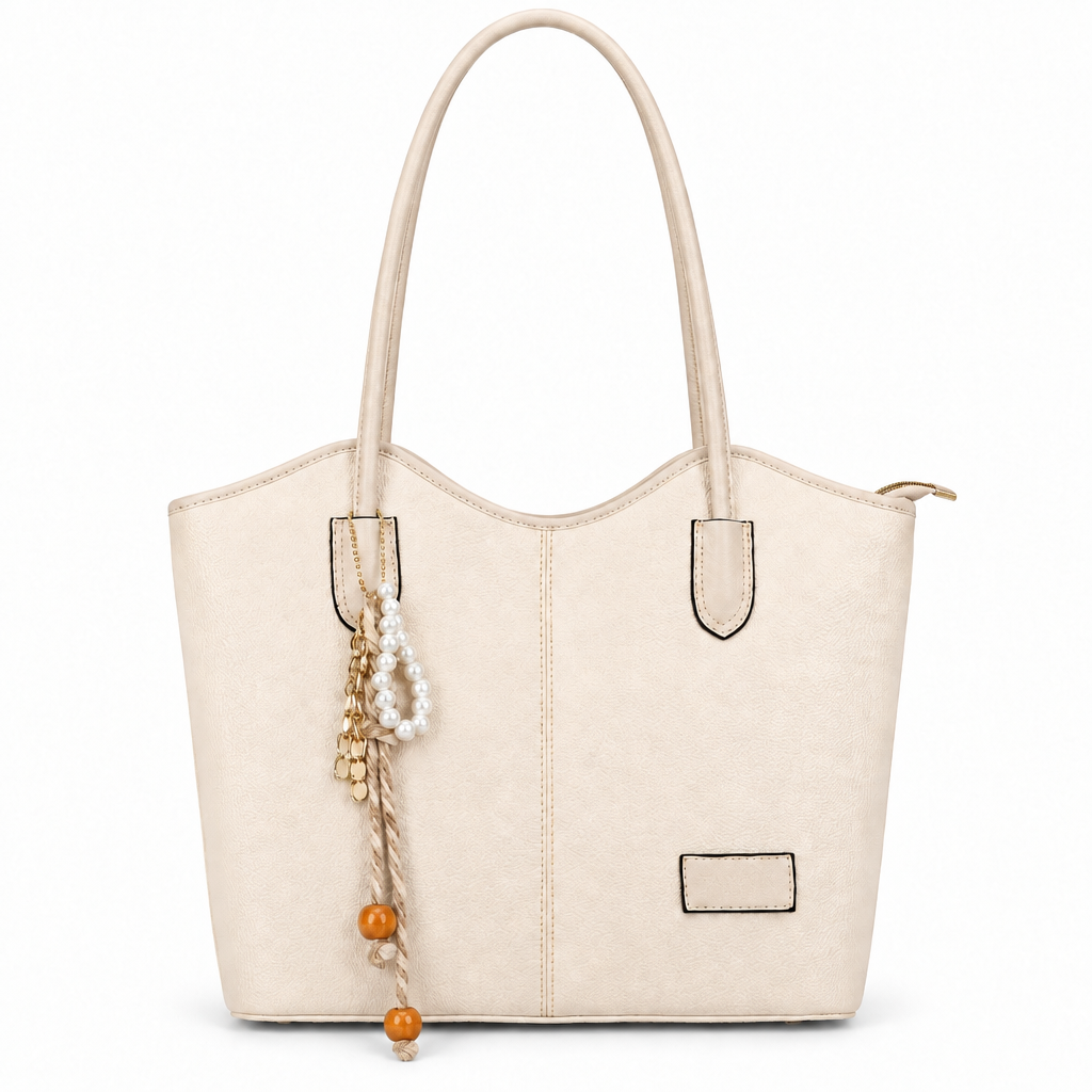 Pearl Charm Curved-Top Shoulder Tote - cream with matching trim, studio view