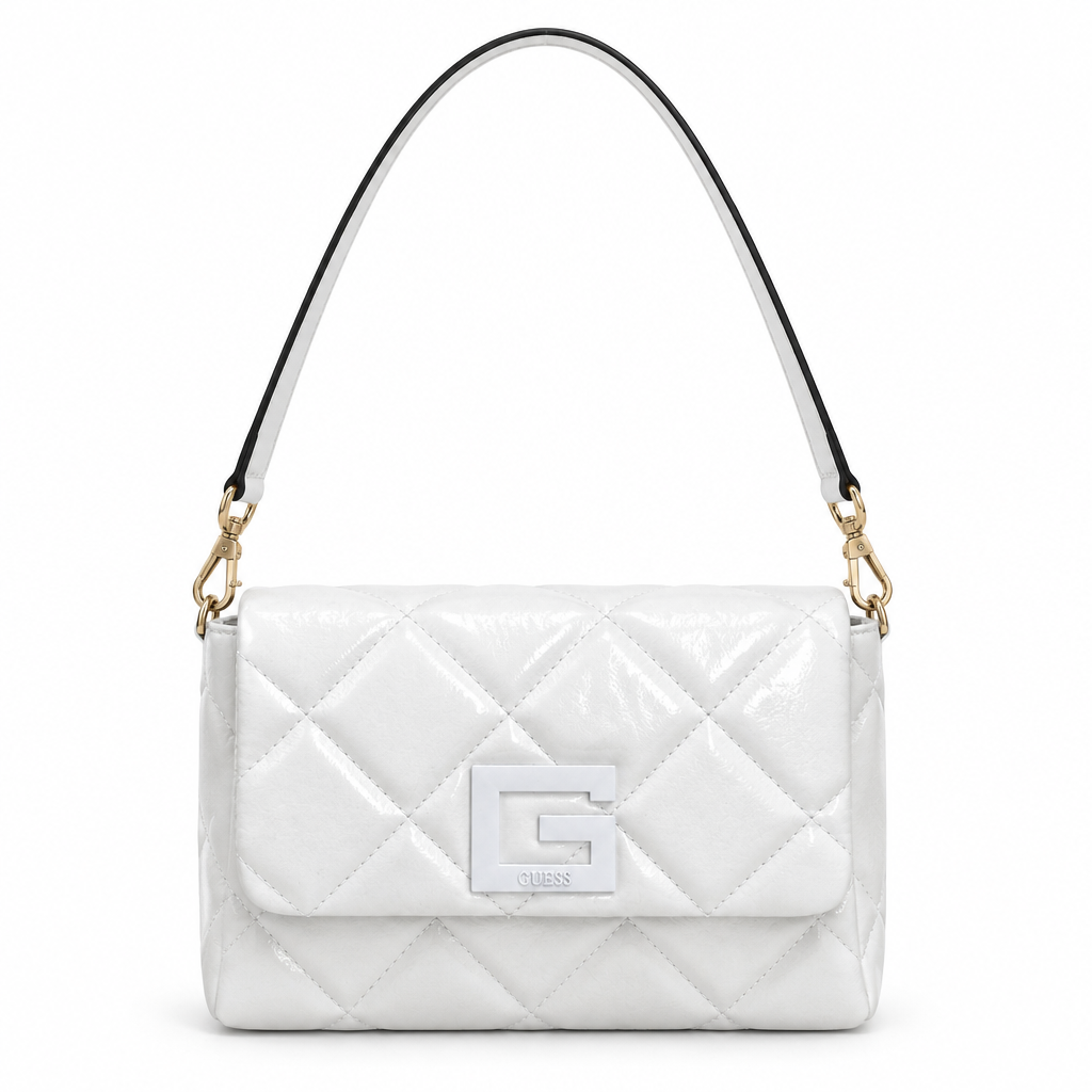 Guess style puffy quilted G logo flap bag - white, studio view