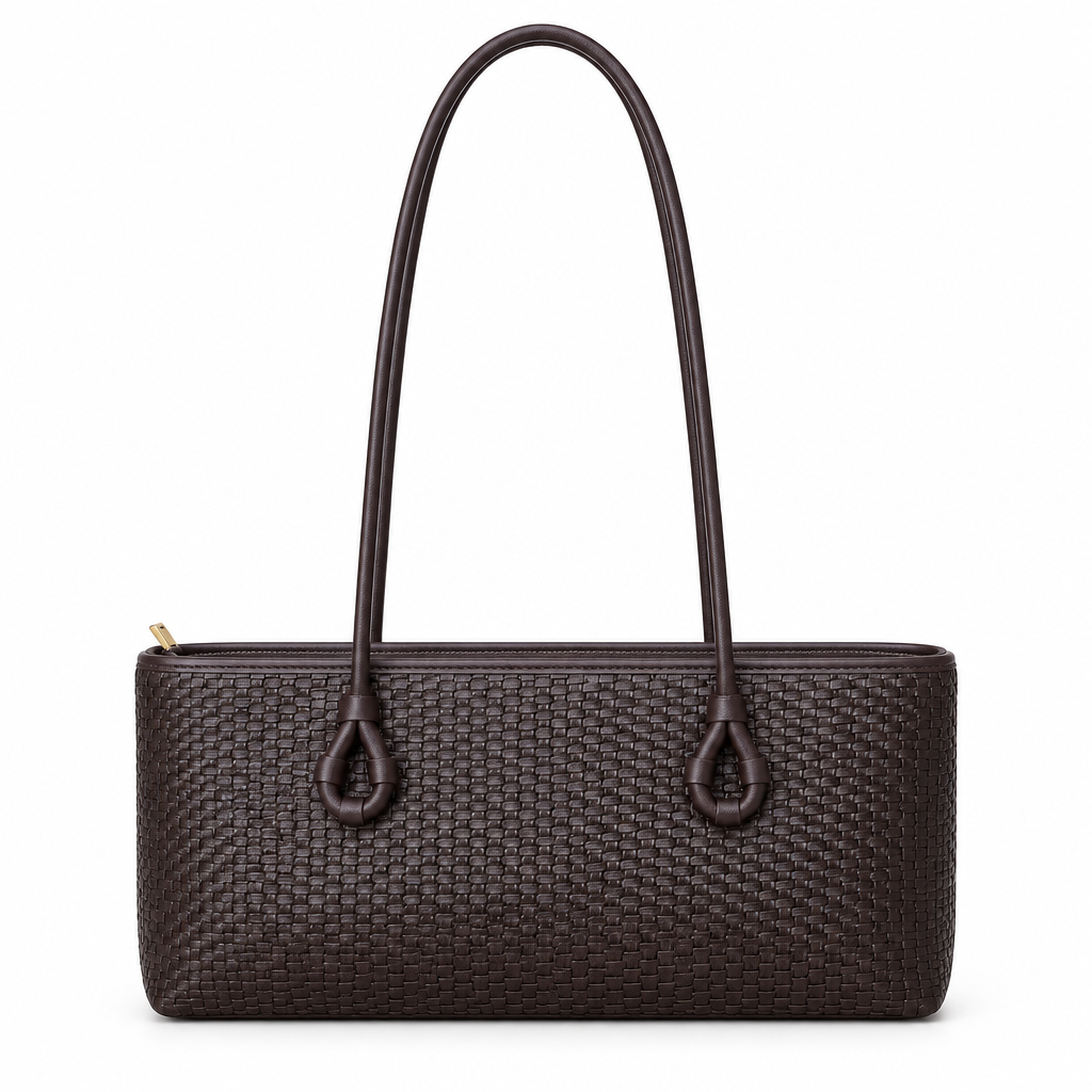 Zara Style Woven Texture Long-Handle Shoulder Bag - dark brown, studio view