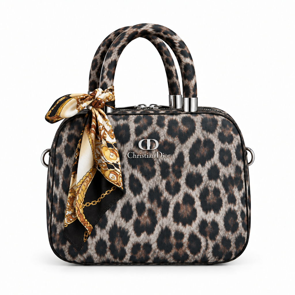 Dior Style Scarf-Handle Mini Bowler Bag - grey leopard, studio view
