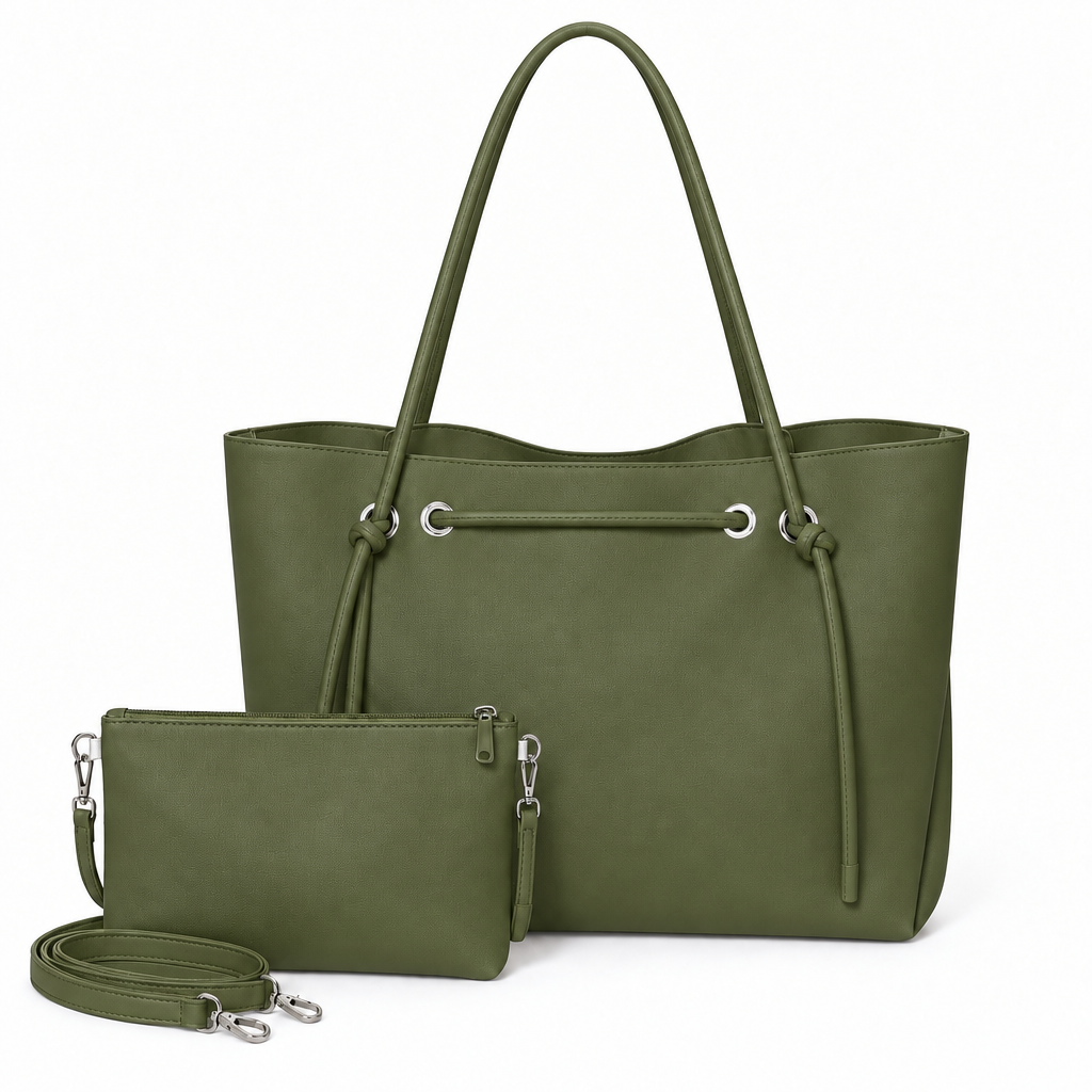 Knotted Cord Shoulder Tote & Matching Pouch Set - olive, studio view