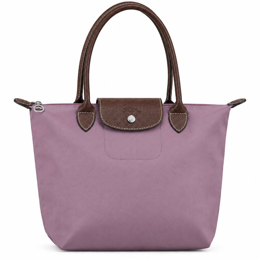 Longchamp style shoulder tote - mauve lilac with dark brown trim, front studio view