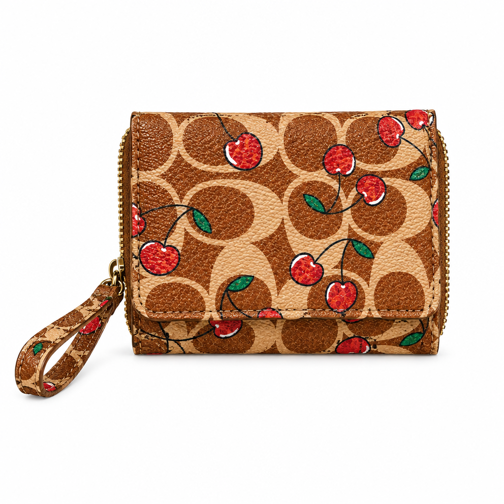 Coach style cherry wristlet wallet - brown signature, studio view