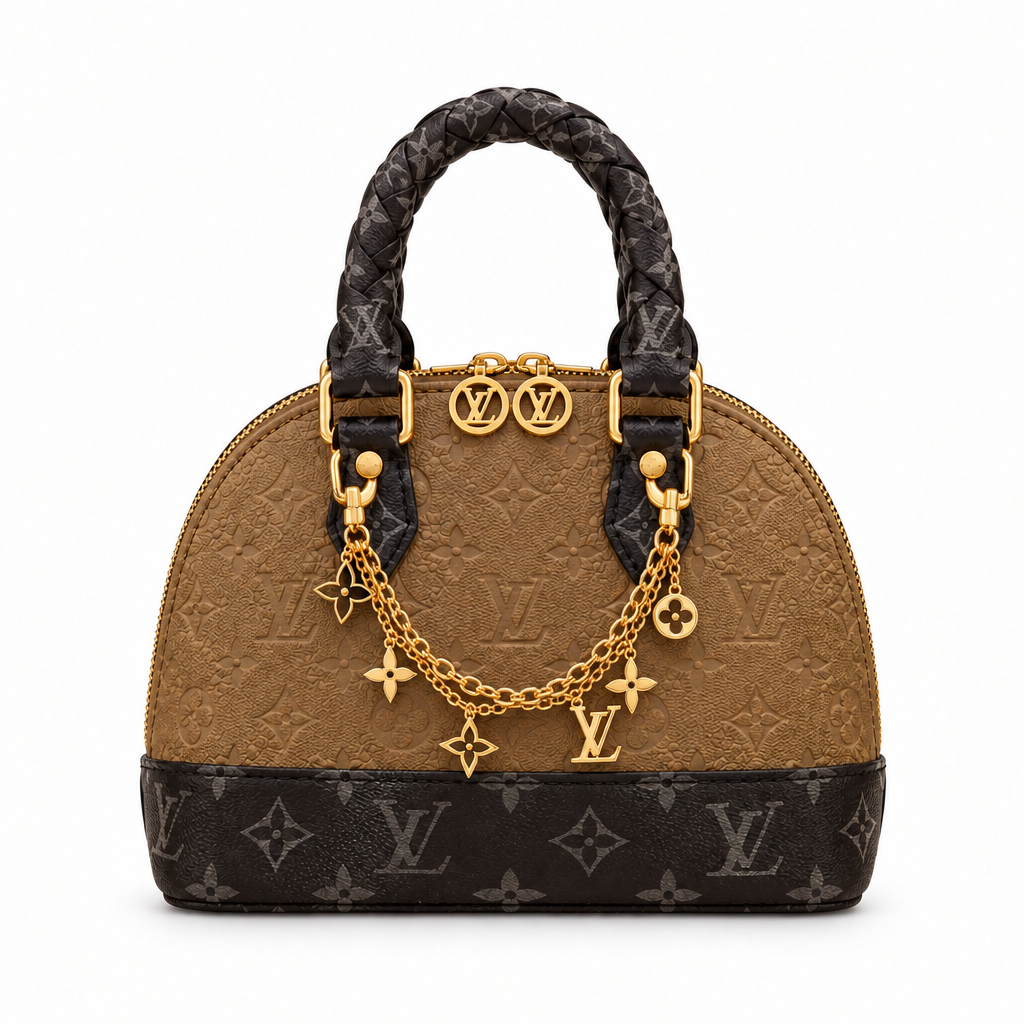 Louis Vuitton Style Monogram Charm-Chain Mini Dome Bag - tan and dark brown, studio view