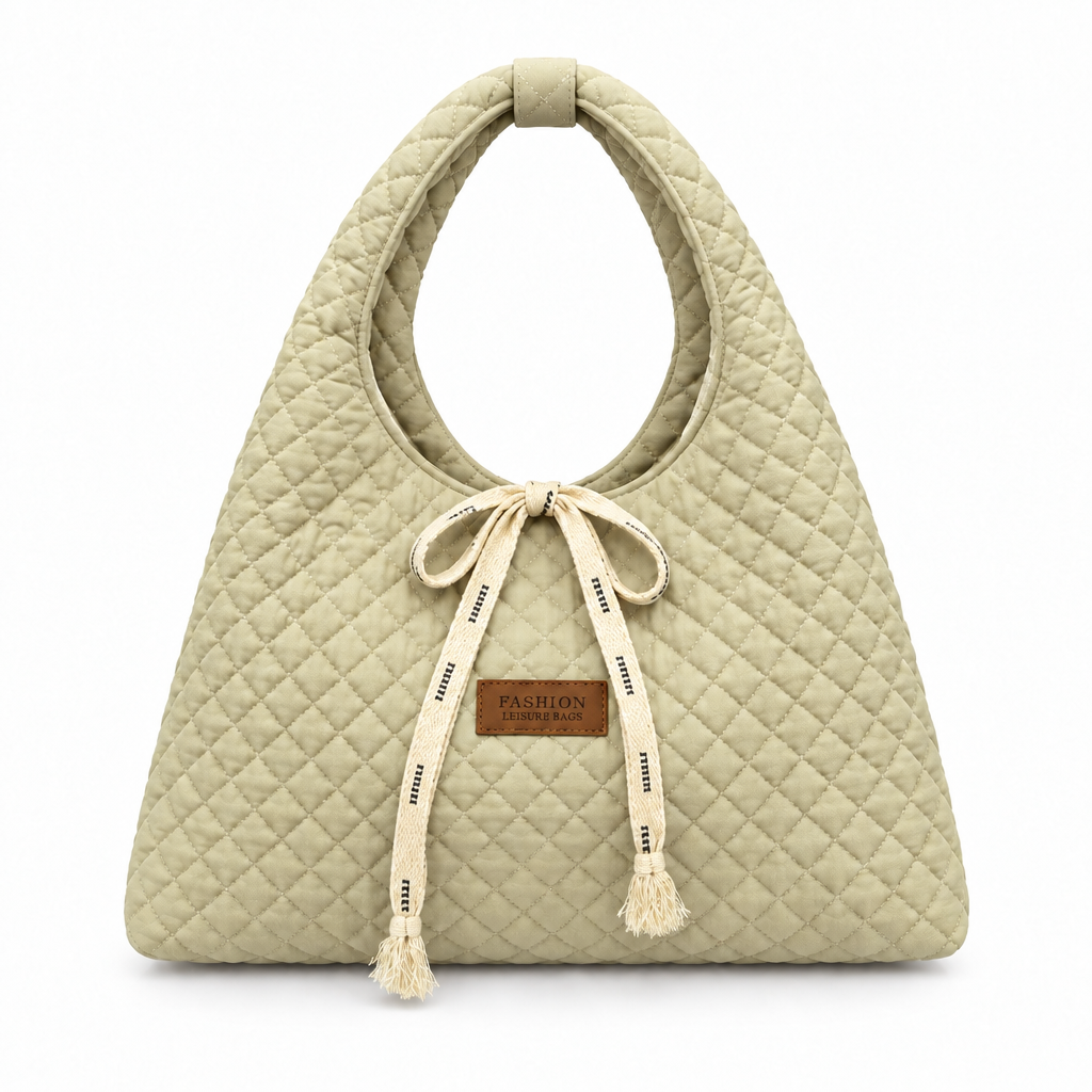 Diamond-Quilted Ribbon Bow Shoulder Tote - pale yellow, studio view