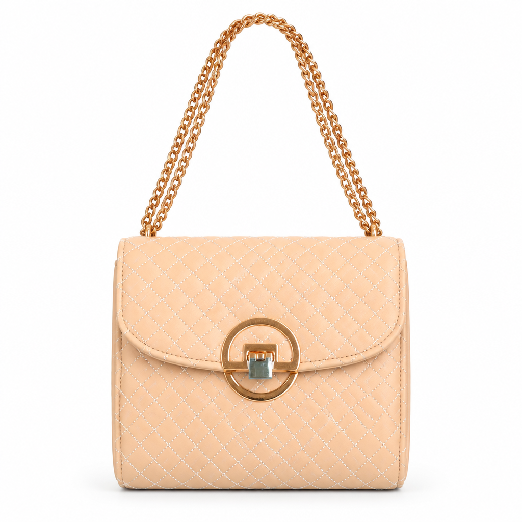 Quilted flap chain bag with gold ring lock - peach beige, studio view